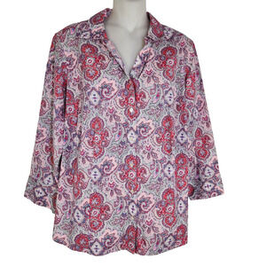 Talbots Womens Shirt Petites 16WP Wrinkle Resistant Button Up Paisley 3/4 Sleeve